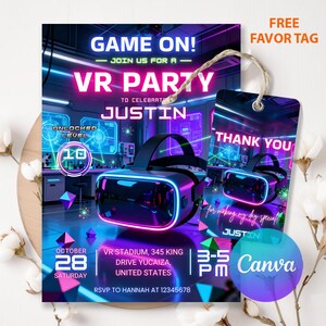 May include: A VR party invitation with a virtual reality headset graphic. The invitation includes the text "GAME ON!" and "VR PARTY" with the name "JUSTIN" and party details. A matching "THANK YOU" favor tag is included.