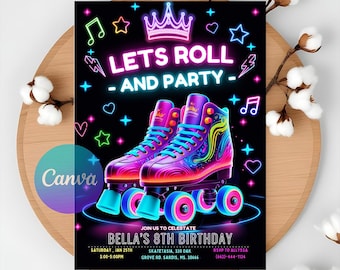 May include: A neon pink and blue birthday party invitation with a graphic of roller skates and the text "Let's Roll - And Party -" and "Bella's 8th Birthday".