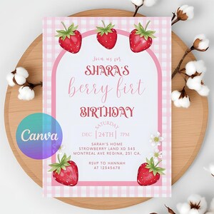 Modelo de convite de primeiro aniversário Berry editável, convite de primeiro aniversário Berry moderno, cartão de primeiro aniversário Berry