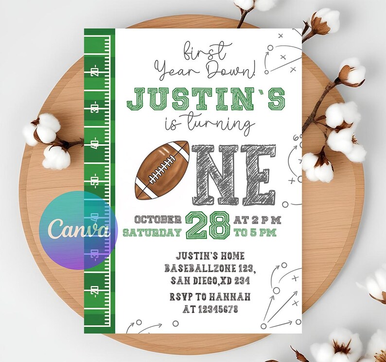 Invitation, Football Party, First Birthday, Sports, First Year Down, Digital Invitation, Printable Invitation, Invitation Template, Game On,, American Football, Football Invitation, Editable Invitation, Football Party