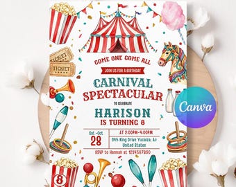 Carnival Birthday Party Invitation, Circus Theme Invite, Fun Fair Birthday Template, Printable Party Invite, Editable Canva Design LA715
