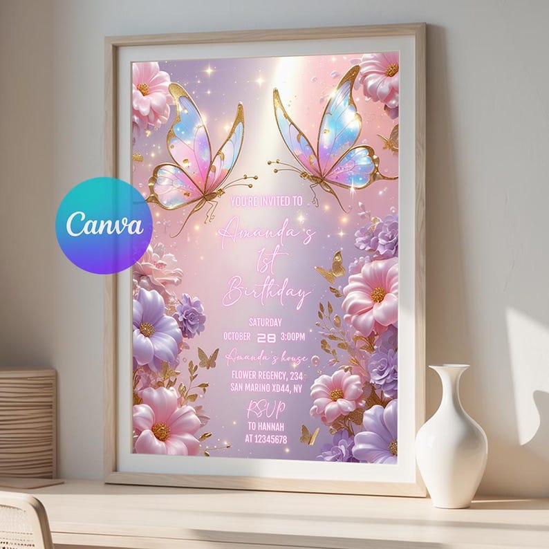 instant download, canva template,  birthday invitation, fairy invitation, butterfly invite, little butterfly, girl butterfly party, butterfly invitation, first birthday, pink butterfly, butterfly birthday, little butterfly, invitation template, little butterfly,girls birthday,birthday invitation,butterfly invitation,butterfly party,wildflowers,1st birthday,1st birthday girl,purple butterfly,butterfly birthday,printable invitation,1st birthday