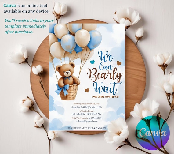 Blue Boy Boho Bear Baby Shower Invite, Bear Baby Shower Invitation We Can Bearly Wait Invitation, Teddy Bear Invite For Girls