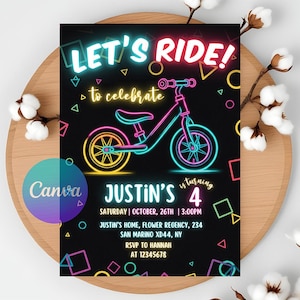 Faire-part d'anniversaire néon draisienne, faire-parts de fête d'anniversaire vélo, modèle de carte Bmx modifiable, fête d'anniversaire de vélo