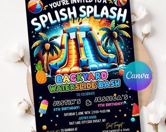 Waterslide Birthday Invitation: Sibling Splash Party, Boy/Girl Evite (Canva Template, 5x7" Digital Download)