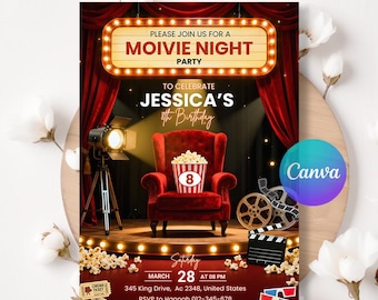 Movie Night Birthday Invitation, Girls Cinema Party Invite, Film Night Celebration, Chic Movie Theme, Editable Canva Template