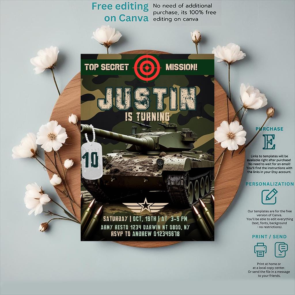 Editable Army Birthday Invitation: Military Party Invite (digital ...