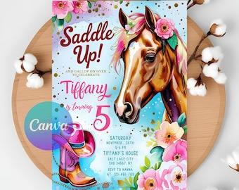 Redigerbar födelsedagsinbjudan för cowgirlhäst: Rosa blomfest (digital nedladdning)