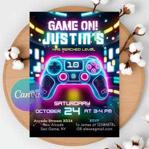 Bearbeitbare Videospiel Party-Einladung, Level Up Geburtstag einladen, Videospieler Junge Einladung Vorlage Arcade Party Einladung, Einladungen