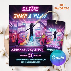 以下が含まれることがあります： ウォーターパークをテーマにした誕生日パーティーの招待状。「SLIDE JUMP & PLAY」の文字がネオンカラーで表示され、イベントの詳細が記載されています。お揃いの「Thank You」のギフトタグも含まれています。
