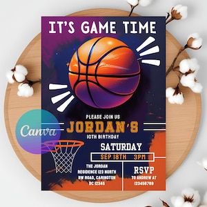 Modèle d'invitation à une fête de basket-ball pour 10 ans : célébrez la recrue de l'année avec des fournitures amusantes et un imprimé de basket-ball orange !