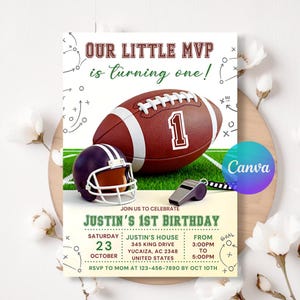 Redigerbar inbjudan till 1-årsdag med fotboll, första touchdown-fest, födelsedagsinbjudan med sporttema, ettårsfirande, Canva-mall