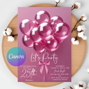 ピンクの風船を使った誕生日パーティー招待状テンプレート：編集可能なデジタルダウンロード