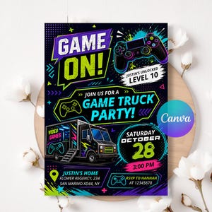 May include: A black and neon green invitation for a game truck party. The invitation features a game controller, a game truck illustration, and the text "Game On!" The date is October 28th at 3:00 PM.