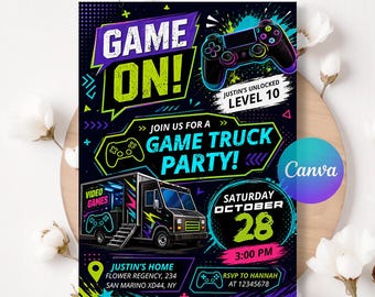 Video Game Birthday Invitation, Video Game Truck Birthday Party Invitation, Gaming Bus Birthday Invites, Gaming Truck for Boys LA676