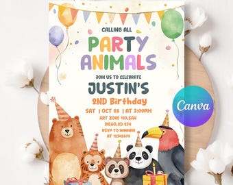 Calling All Party Animals Invitation,  Cute Animals In Birthday Hats, Party Animal Kids Birthday Invite, Canva Template