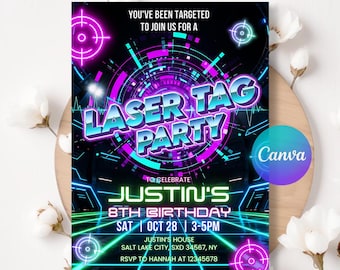 Laser Tag Birthday Invitation, Neon Glow Party Theme, Futuristic Action Game, Kids Night Party, Editable Canva Invitation