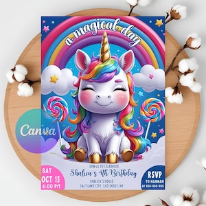 Invitación de cumpleaños de unicornio personalizada, plantilla digital editable para fiesta de cumpleaños de niña con unicornio arcoíris, descarga instantánea