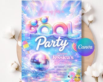 Rainbow Pool Birthday Invite, Pool Party Invitation, Printable Summer Swimming Any Age Birthday Party Invite, Instant Download LA247