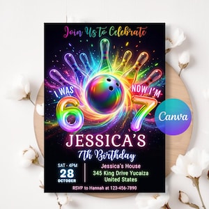May include: A vibrant birthday invitation with a bowling theme. The design features a colorful bowling ball and pins, with the text "I WAS 6, NOW I'M 7". The invitation includes the name "Jessica's", the date, time, and location.
