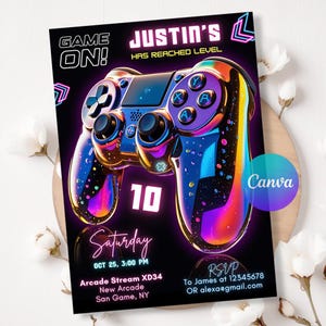 May include: A black invitation card with a vibrant, iridescent game controller design. Text includes "GAME ON!", "JUSTIN'S HAS REACHED LEVEL 10", and event details. The Canva logo is visible in the bottom right corner.