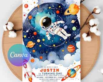 May include: A watercolor illustration of an astronaut floating in space with planets and stars. The text reads "Justin is turning one celebrating the first journey around the galaxy! Saturday September 18th 3:00pm 1234 Smith Street Darwin NT 0800, NY RSVP to Noah at 0123456789".