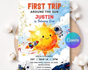 First Trip Around The Sun Birthday Party Invitation, Space Adventure Theme, First Orbit Celebration, Editable Canva Template