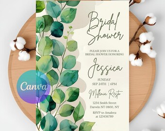 Puede incluir: Una invitación a una despedida de soltera con un diseño de eucalipto en acuarela. La invitación incluye el texto "Bridal Shower" y detalles del evento, incluyendo el nombre "Jessica", fecha, hora y lugar.