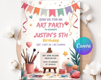 Könnte beinhalten: Eine Einladung zur Kunstparty mit bunten Bannern, Sternen und einem rosa Herzballon. Die Einladung lautet "Feiern Sie mit uns eine Kunstparty" zum 5. Geburtstag von Justin. Enthält Datum, Uhrzeit und RSVP-Informationen.
