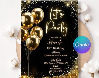 Digital Let's Party Gold Glitter Balloons Birthday Party Invitation, Pink Glitter Invitation Template, Editable Template, Instant Download