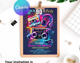 90s Party Invitation: Editable Throwback Theme, Canva Template