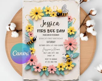 Sweet To Bee One Invitation: Printable Bee Birthday Party, Canva Template (5x7")