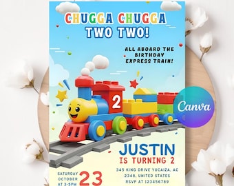 May include: A colorful birthday invitation featuring a cartoon train with the text "CHUGGA CHUGGA TWO TWO!" and "JUSTIN IS TURNING 2". The design includes a blue sky background, clouds, stars, and the date "OCTOBER 23".