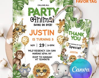 Wilde Safari Geburtstagseinladung: Partytiere, Dschungel-Motiv (Printable)