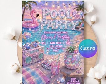 Editable Pool Party Birthday Invitation, Summer Birthday Invite Girl, Any Age, Pool Party Invitation Template, Editable Canva LA748