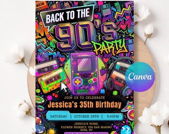 Back To The 90S Party Invite, 90S Birthday Party Invitation, Neon Party Glow Dance Disco 2000S Birthday, Editable Canva LA714