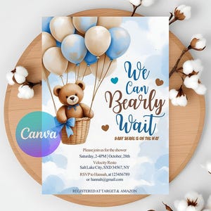 Invito per baby shower "Blue Boy Boho Bear", invito per baby shower "We Can Bearly Wait ..."