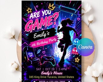 Video Game Birthday Invitation, Green Gamer Party Invite, Level Up Girls Editable Digital Template, Instant Download LA783