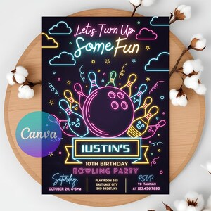 NEON Bowling Birthday Invitation, Glow Bowling Invitation, Neon Glow Party, Boy Bowling Invite, Strike Up Some Fun, Instant Download