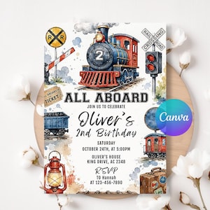 Puede incluir: Una tarjeta de invitación de cumpleaños con una ilustración en acuarela de una locomotora de vapor azul y roja con el número 2, una señal de paso a nivel, un billete, una linterna y una maleta. Texto: ALL ABOARD, Oliver's 2nd Birthday, Saturday October 24th, at 5:00PM, Oliver's House King Drive, AC 2348, RSVP to Hannah at 123-456-7890.