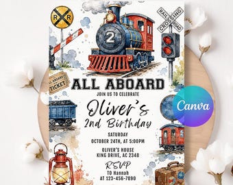 Train Birthday Invitation, All Aboard Party Invite, Vintage Locomotive Watercolor Editable Digital Printable Template LA799