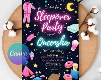 Convite de aniversário para festa do pijama neon: modelo editável para festa do pijama (download digital)