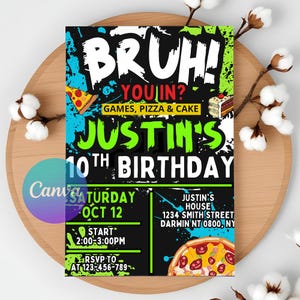 Convite de aniversário do irmão, modelo digital, convite para festa editável, download instantâneo, cartão de aniversário para impressão em estilo grafite neon