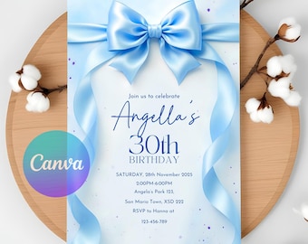 May include: A blue birthday invitation with a large blue bow and the text "Join us to celebrate Angella's 30th Birthday" with details for the event.