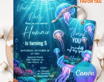 May include: An invitation and favor tag set with an 'Under The Sea Party' theme. The invitation features a blue background with jellyfish illustrations and event details. The favor tag says 'Thank You'. Includes the text 'Humair is turning 5'.