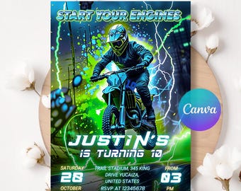 Green Dirt Bike Invite, Birthday Invitation,Dirt Bike Gear, Motocross Birthday Invite, Motorbike Invite Instant Download Canva Template L534