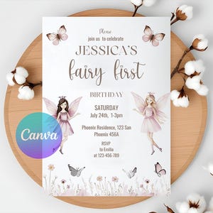 Editable Fairy First Birthday Invitation Girl, Editable Garden Fairy Invitation, Boho Fairy 1st Birthday, digital invitation fairy first