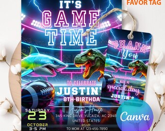 Dino Shark Football Birthday Invitation, Boy Sports Party, Dinosaur Shark Theme, Editable Canva Template LA524