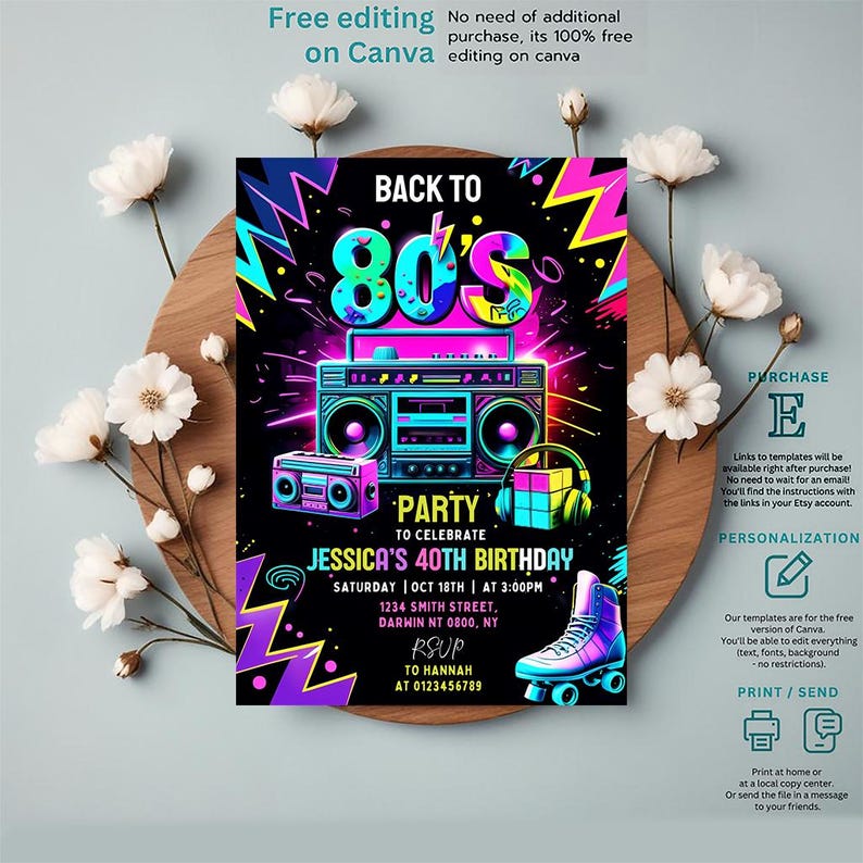 Birthday Invitations, Instant Download, Editable Canva, Invitations Wedding, 80S Party, 80S Birthday, 80S Birthday Party, 80S Party Invitation, 80S Invitation Party, Birthday Gift, Birthday Card, Digital Art, Let'S Paint, Art Painting Invite, Artist Invitation, Dress For A Mess