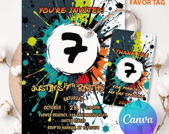 Invitación de cumpleaños con salpicaduras de pintura, invitación de cumpleaños divertida para imprimir, plantilla de Canva